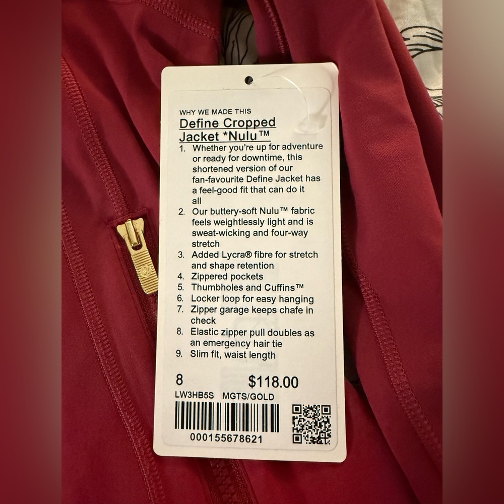 NWT Lululemon Define Cropped Jacket Nulu Magenta Smoke Gold Size 8 - Picture 6 of 7